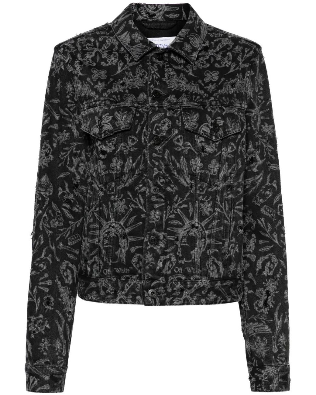 Off-White c/o Virgil Abloh Tattopo Gerafeld Spijkerjack in het Black