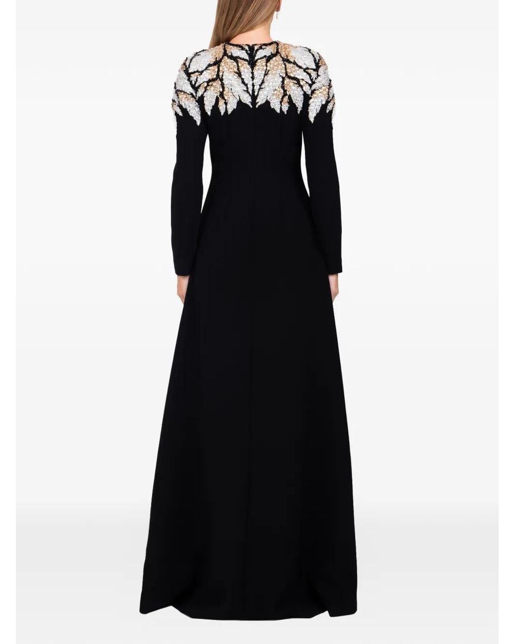 Dina Melwani Black Crystal-Leaf Maxi Dress