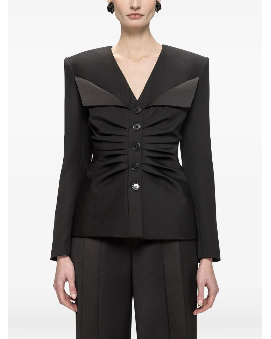 Nissa Black Wool-Blend Ruched Blazer