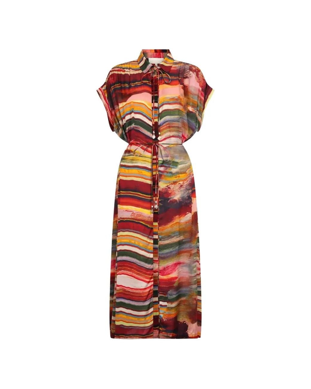 Carolina K Red Valerie Marble-Print Belted Dress
