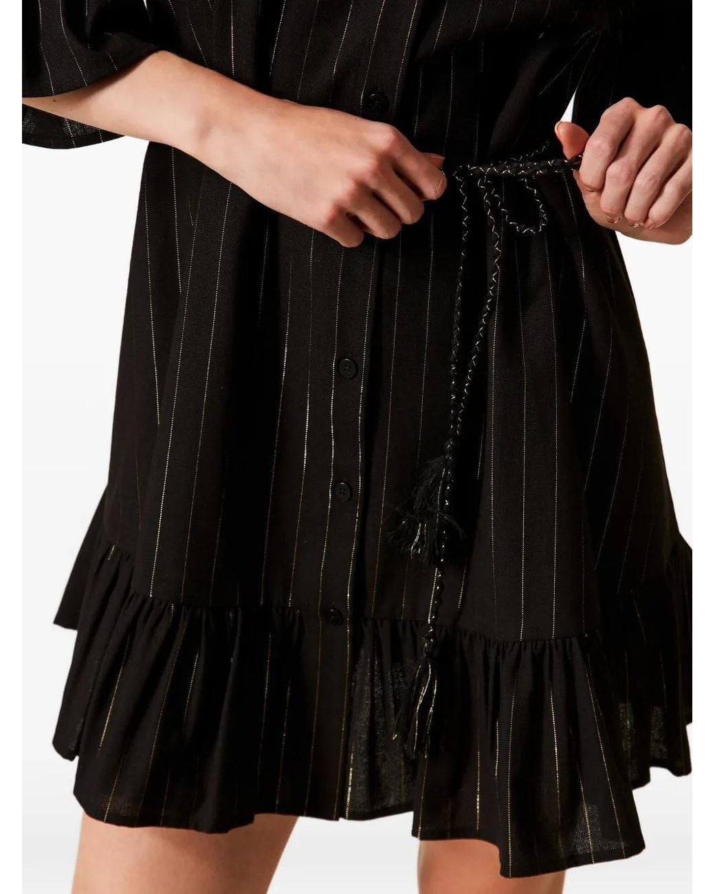 Twinset Black Pinstriped Ruffled Mini Dress