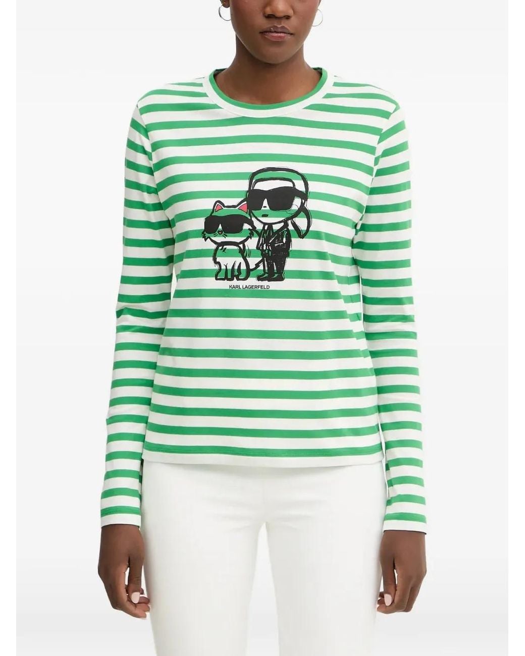 Karl Lagerfeld Green Striped Graphic-Print Top
