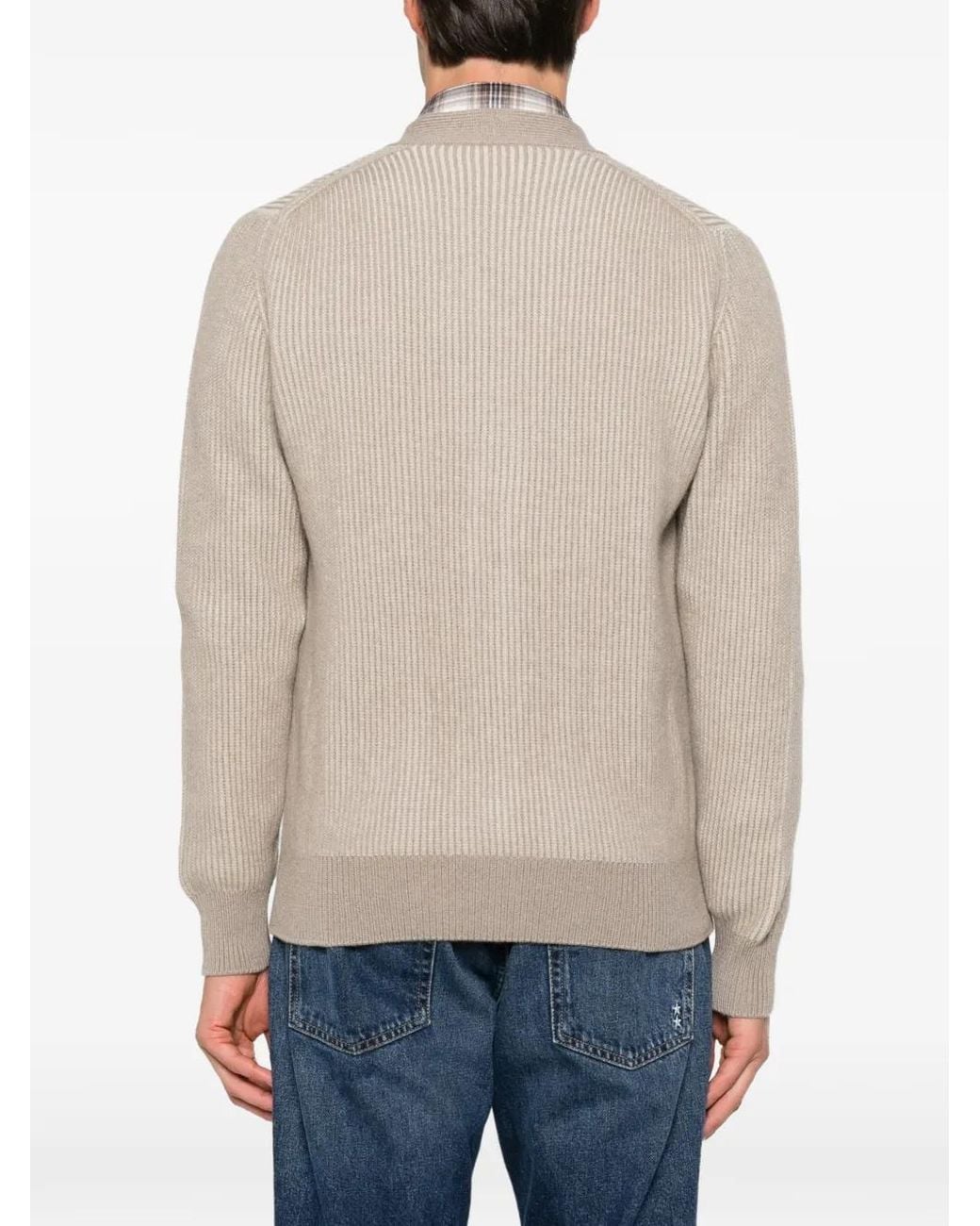 FILIPPO DE LAURENTIIS Natural Cardigan En Maille Nervurée À Col V for men
