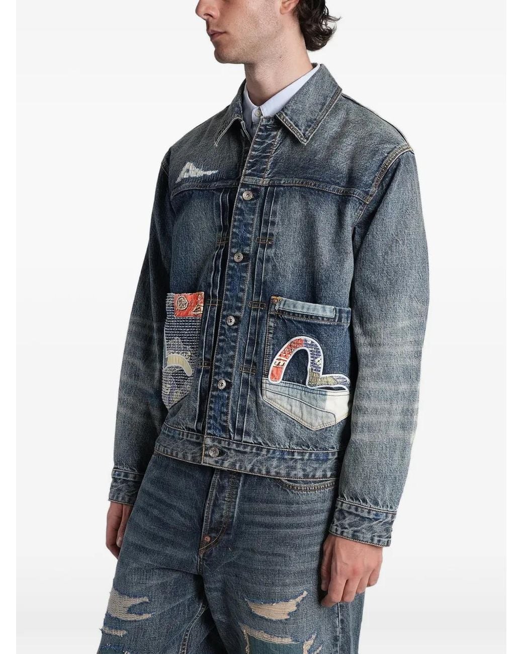 Evisu Blue Veste En Jean Patchwork Seagull for men
