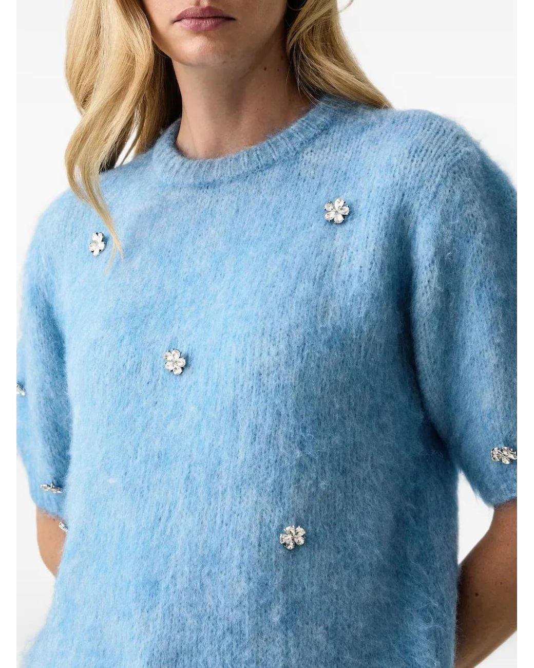 Silvian Heach Blue Crystal-Embellished Short-Sleeve Sweater