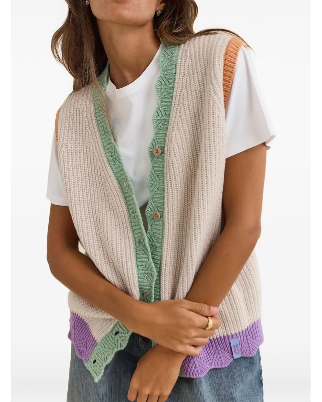 Favorite People Gray Cardigan Color-Block Fairground À Ourlets Festonnés