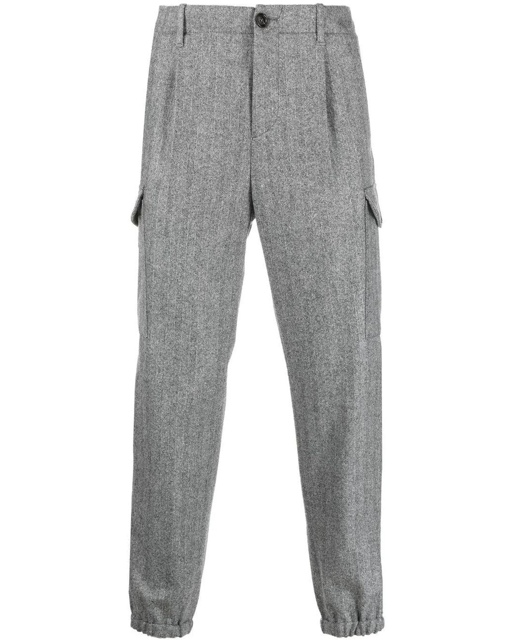 Brunello Cucinelli Gray Chevron-Knit Zipped-Ankles Trousers for men