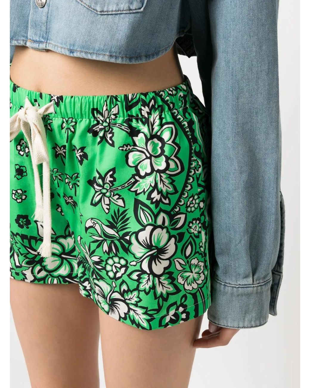 RED Valentino Green Floral-Print Drawstring Shorts