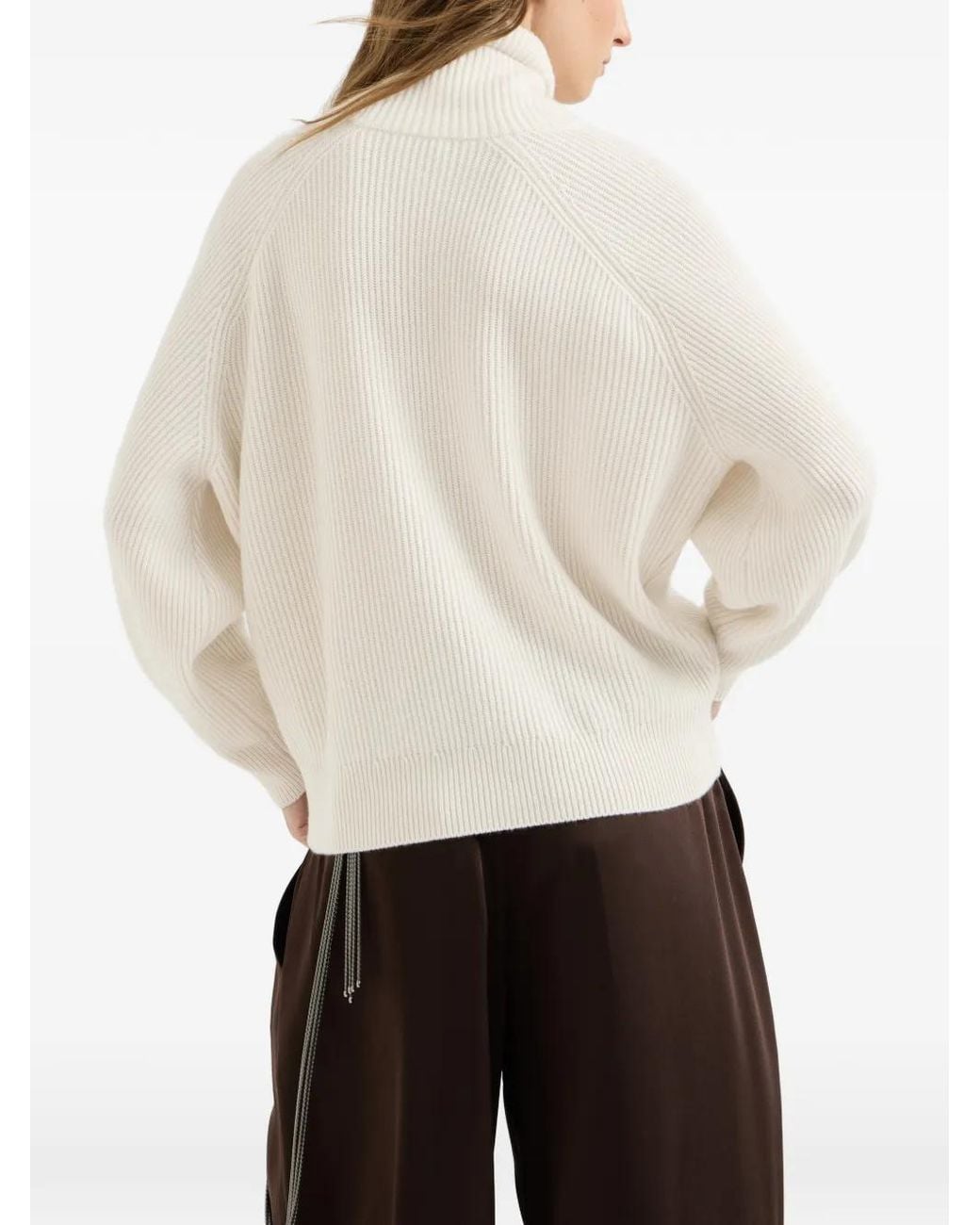 Brunello Cucinelli White Cashmere English-Rib Turtleneck Sweater With Ribbon