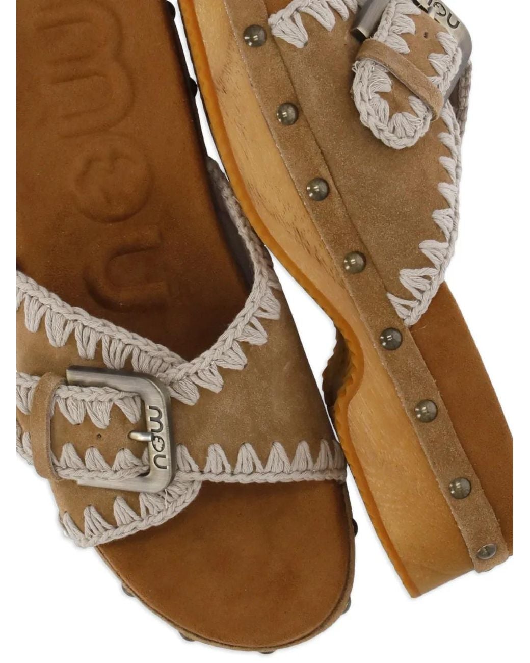 Mou Brown Stud-Embellished Crochet-Trim Sandals