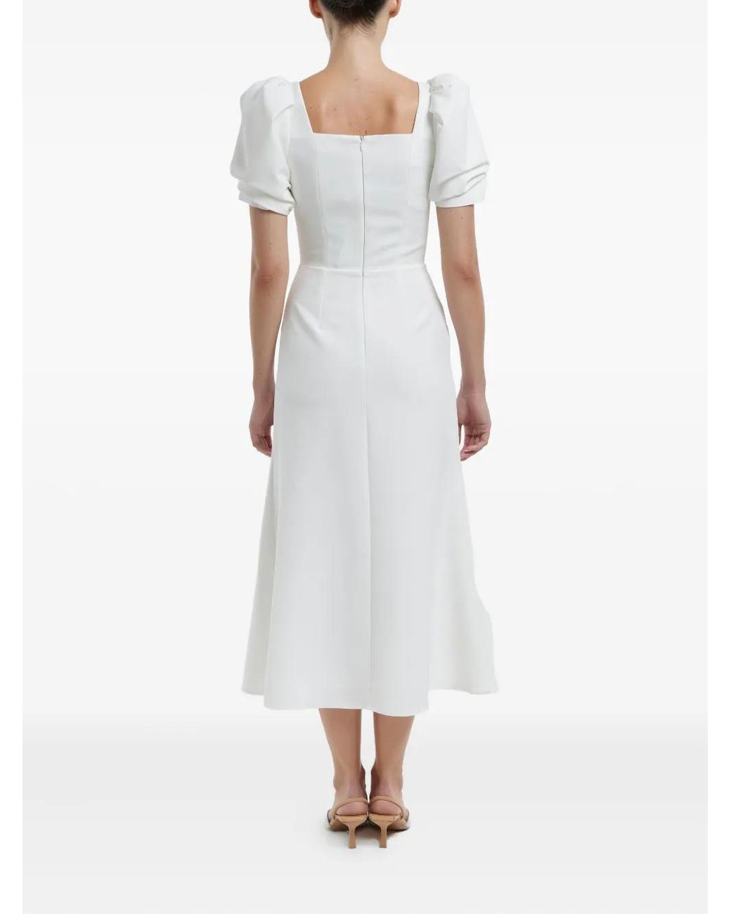 POST MERIDIEM White Godet-Silhouette Square-Neck Midi Dress