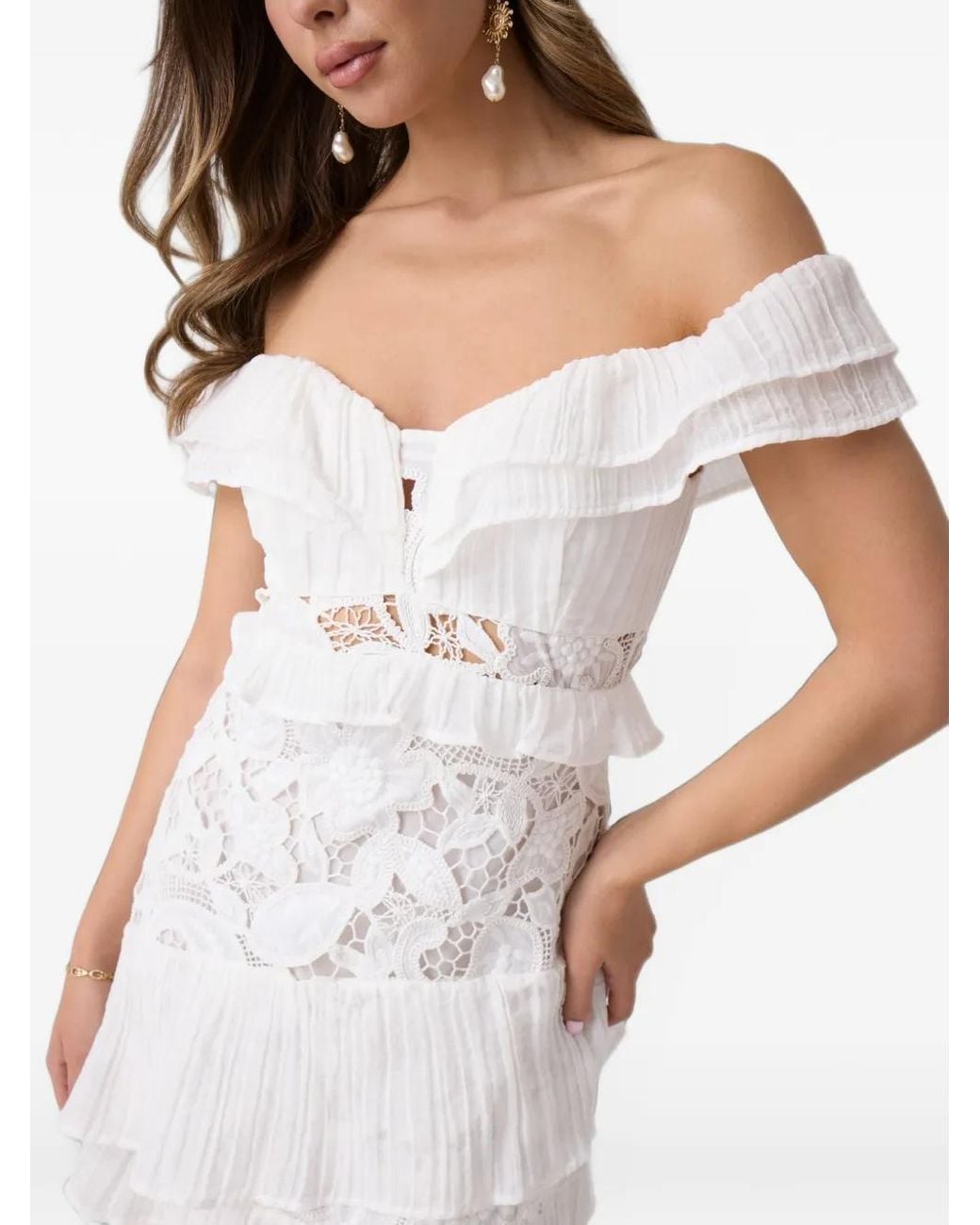 Guess White Off-Shoulder Ruffled Asymmetric Dress