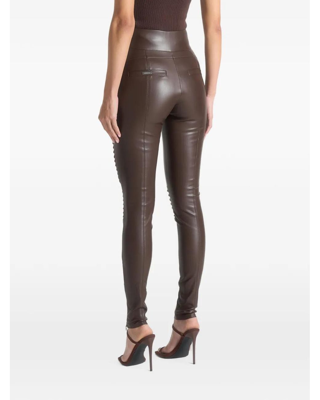 Manière De Voir Brown Leather & Suede Ribbed Leggings Chocolate
