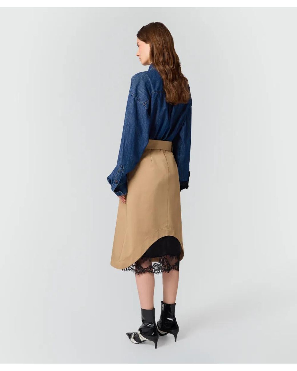 MSGM Natural Belted Lace-Trim Midi Skirt
