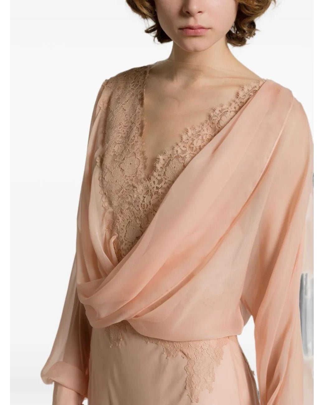 Alberta Ferretti White Lace-Trimmed Draped Maxi Dress