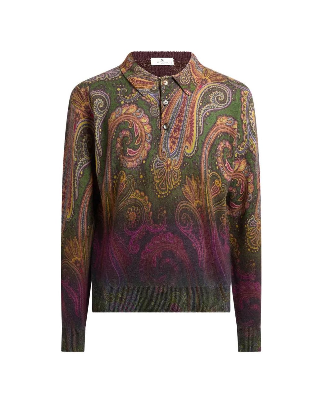 Etro Brown Long-Sleeved Wool Polo Shirt With Degradé Paisley Motif for men