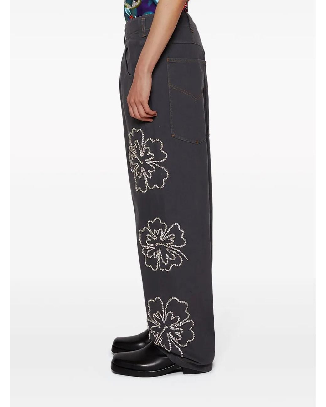 Bluemarble Gray Hibiscus Embroidered Jeans for men