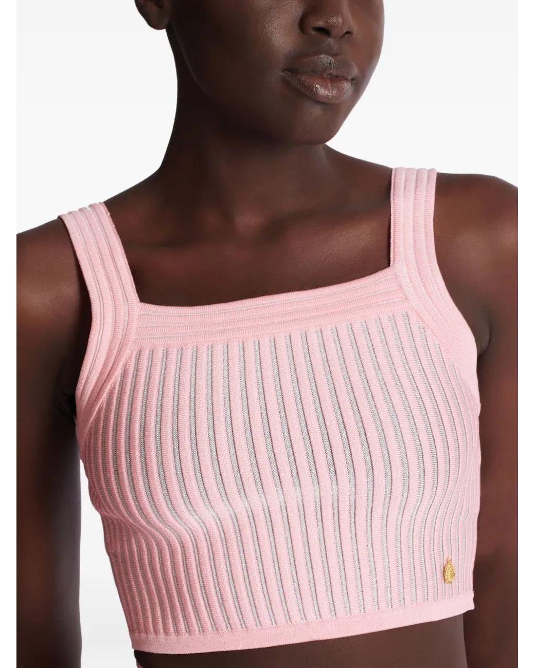 Balmain Pink Ribbed Square-Neck Top