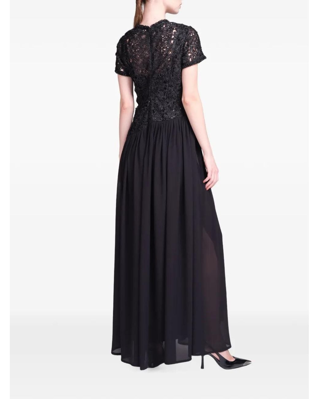 Baruni Black Zaina Guipure Lace-Bodice Pleated Maxi Dress