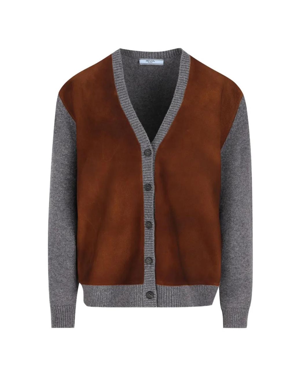 Prada Brown Suede-Panelled Virgin-Wool Cardigan