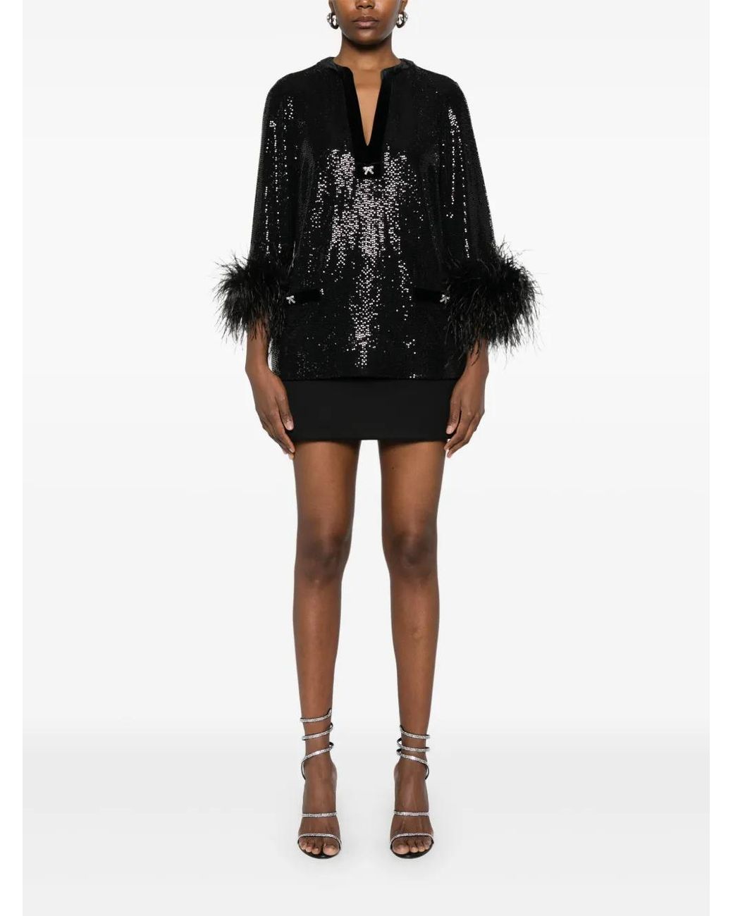 Nissa Black Feather-Trim Blouse