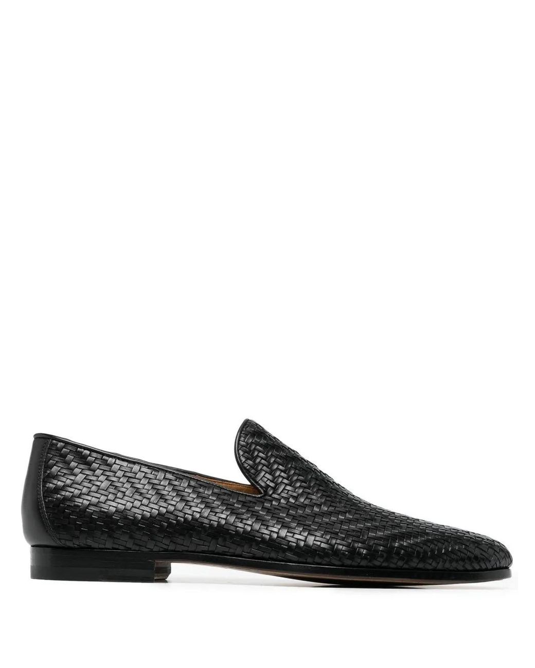 Magnanni Shoes Black Interwoven Leather Loafers for men