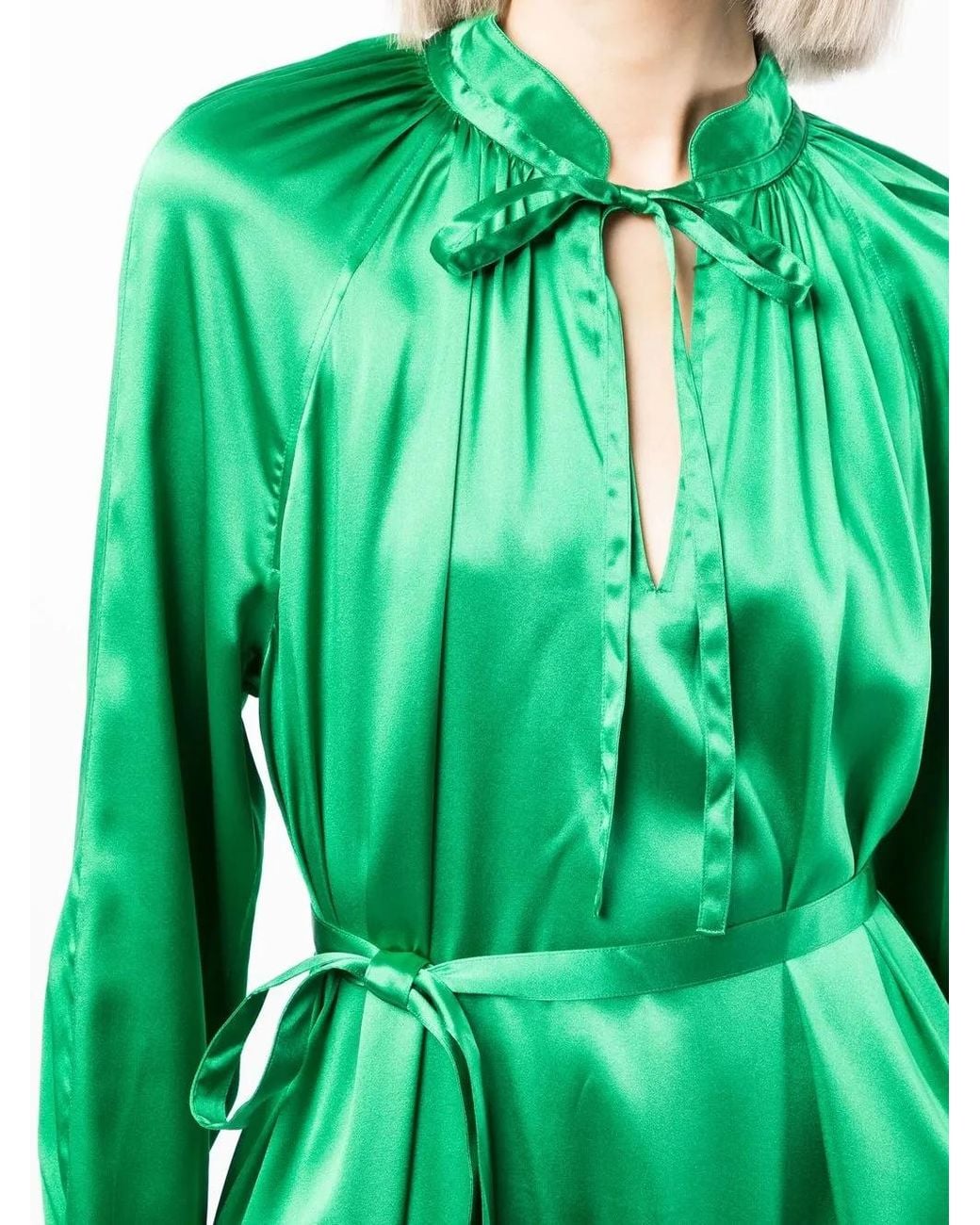 Yves Salomon Green Satin-Finish Tied-Waist Dress