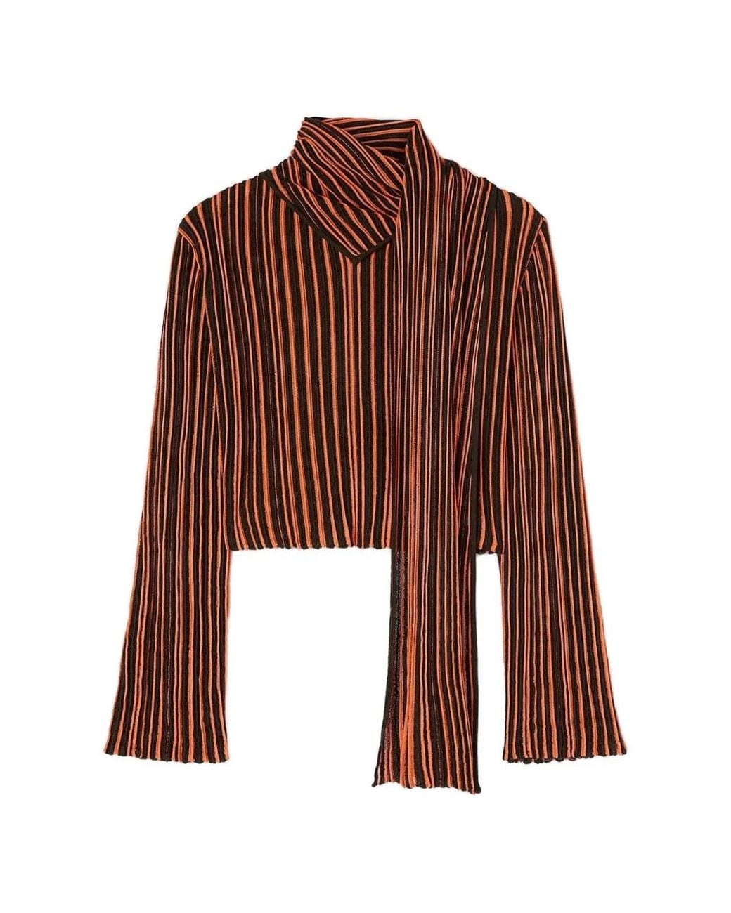 RETORI Brown Striped Scarf-Detail Blouse