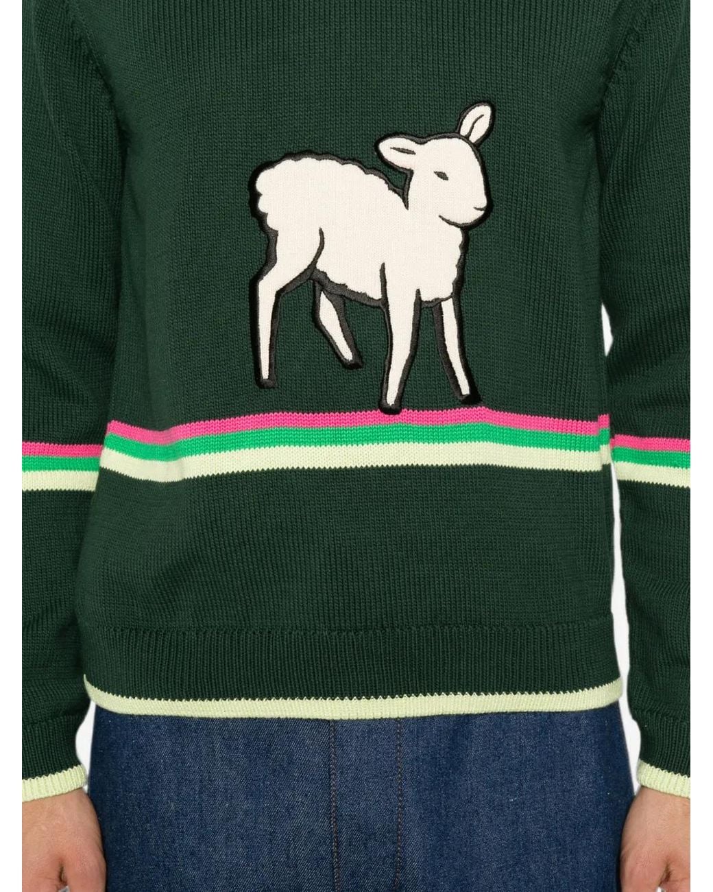 J.W. Anderson Green Lamb-Intarsia Striped-Trim Sweater for men
