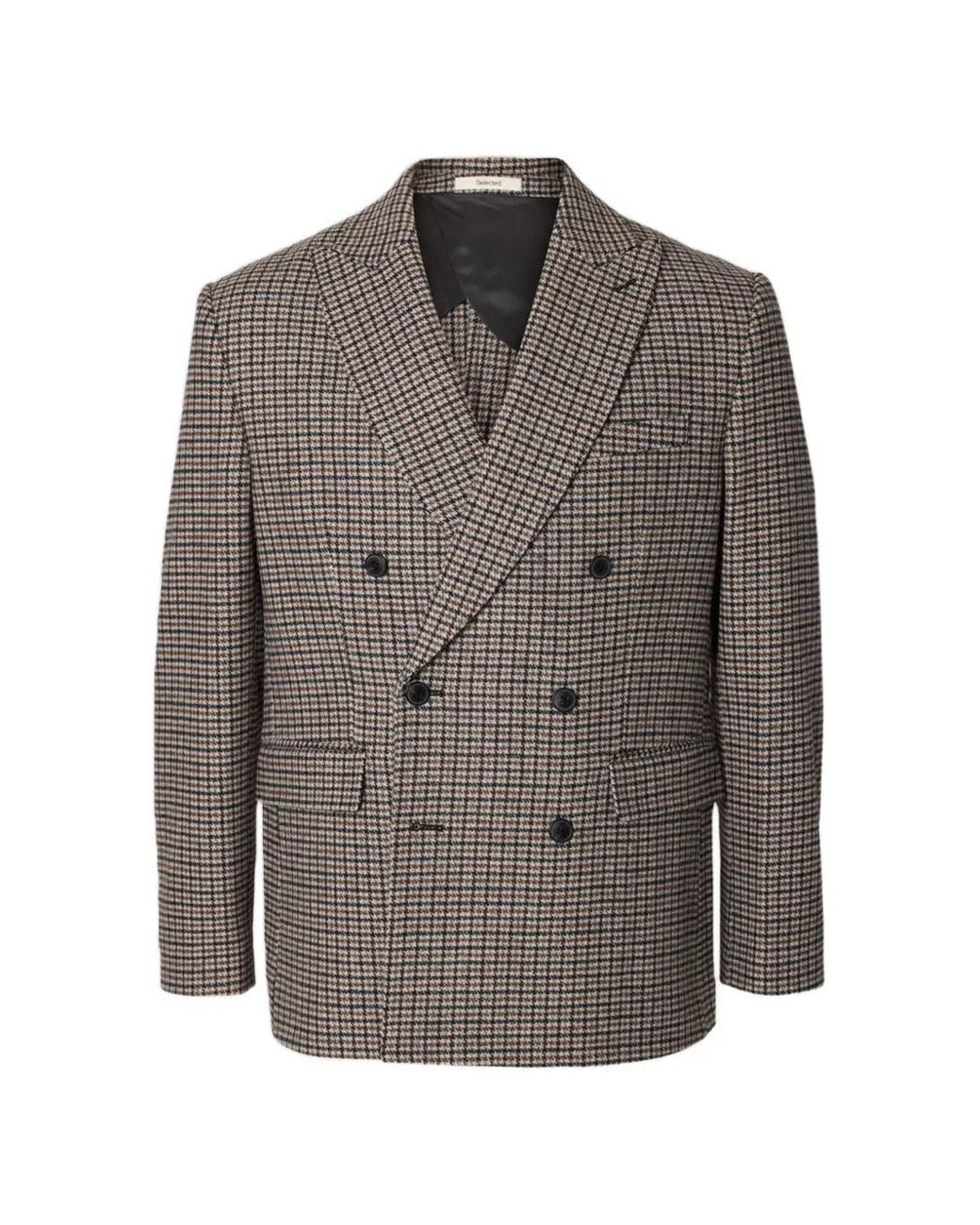 SELECTED Gray Checked Double-Breasted Blazer for men