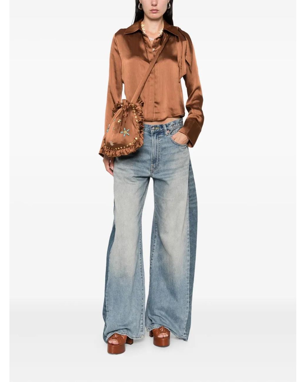 Siedres Brown Pointed-Collar Buttoned Blouse