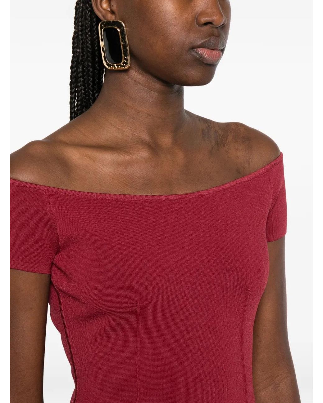 Joseph Red Foin Off-Shoulder Midi Dress
