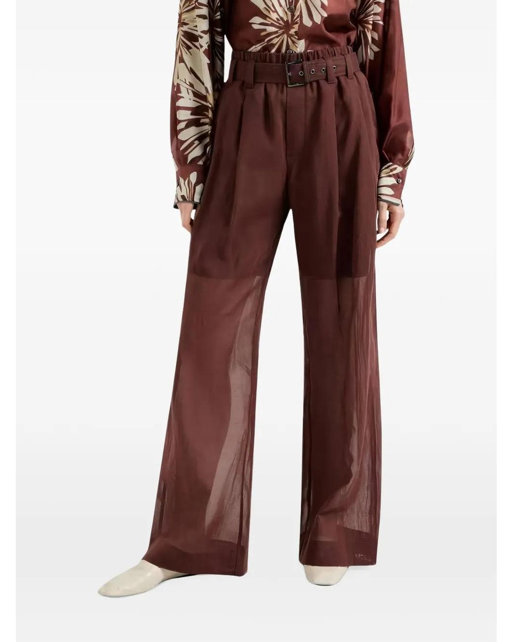 Brunello Cucinelli Red Belted Sheer-Panel Trousers