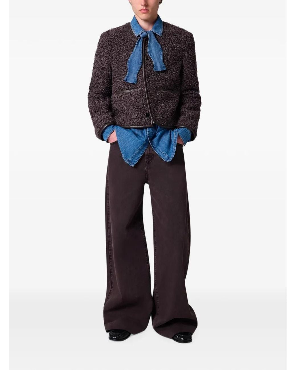 MSGM Brown Bouclé-Texture Leather-Trim Jacket for men