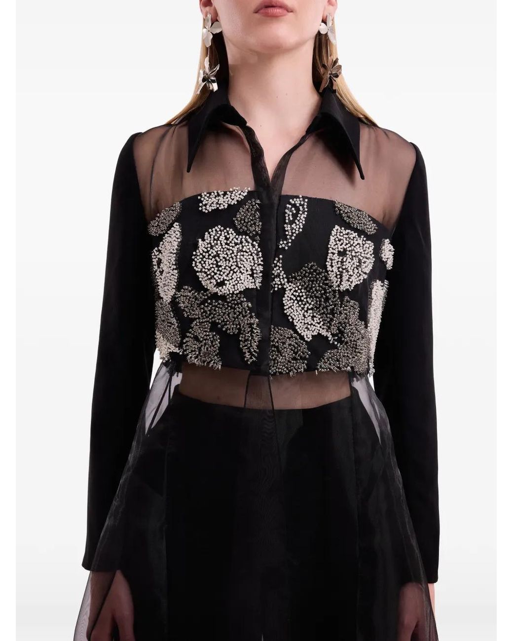Gemy Maalouf Black Beaded-Floral Sheer-Panel Shirt