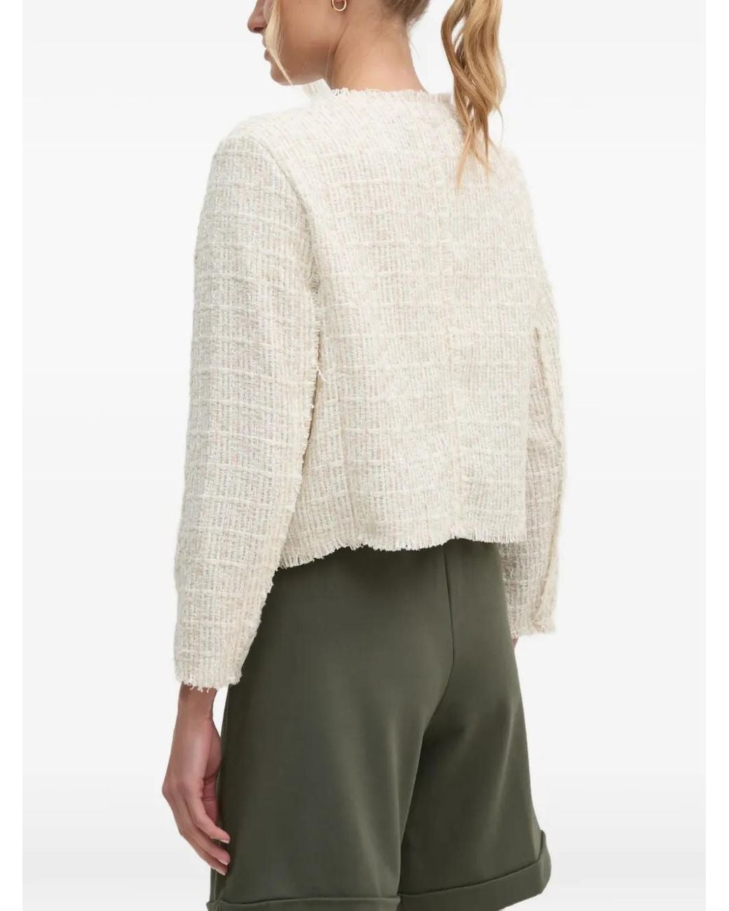 DKNY White Bouclé Frayed-Edge Jacket