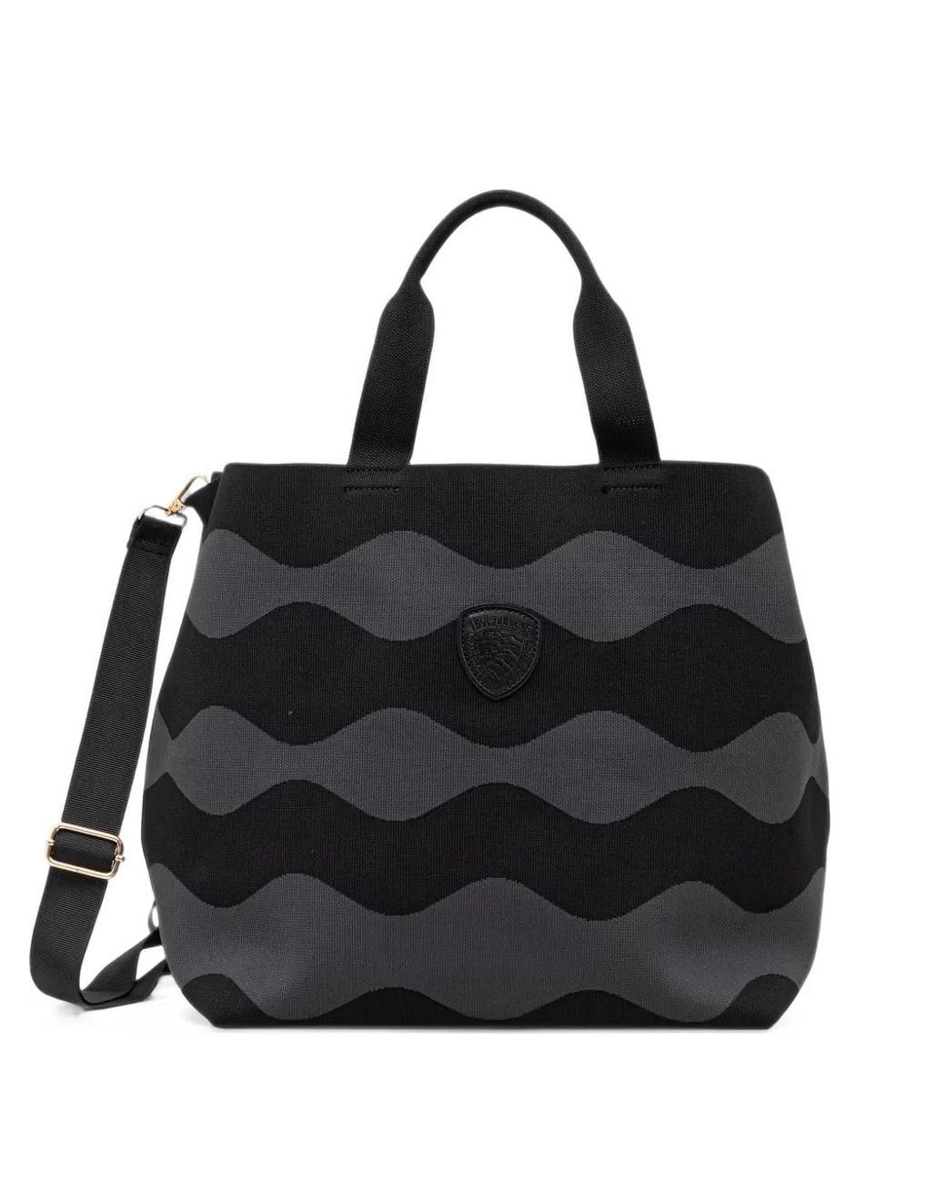 Blauer Black Wave-Pattern Logo-Patch Tote Bag