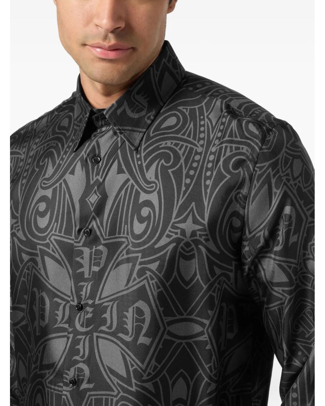 Philipp Plein Gray Printed Silk Shirt Gothic Plein for men