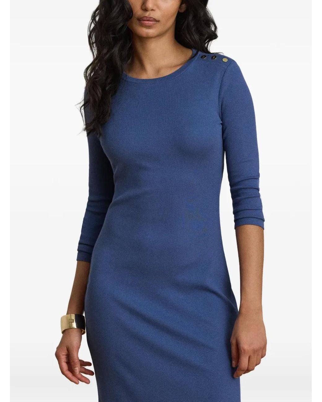 Ralph Lauren Blue Button-Trim Rib-Knit Dress