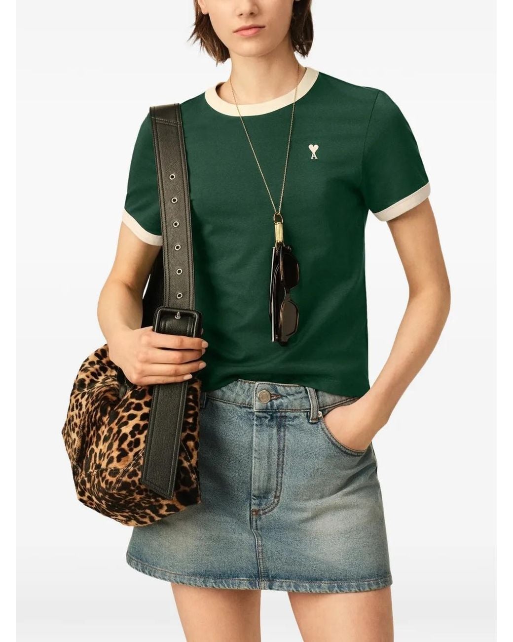 AMI Green T-Shirt En Coton Contrasté Avec Ami De Cœur