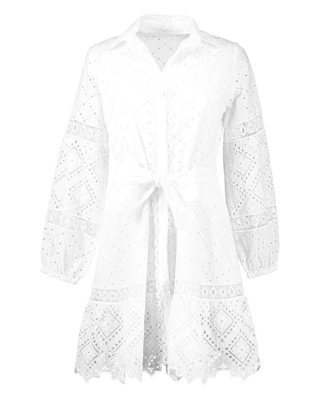Temptation Positano White Palestina Eyelet-Embroidered Belted Dress