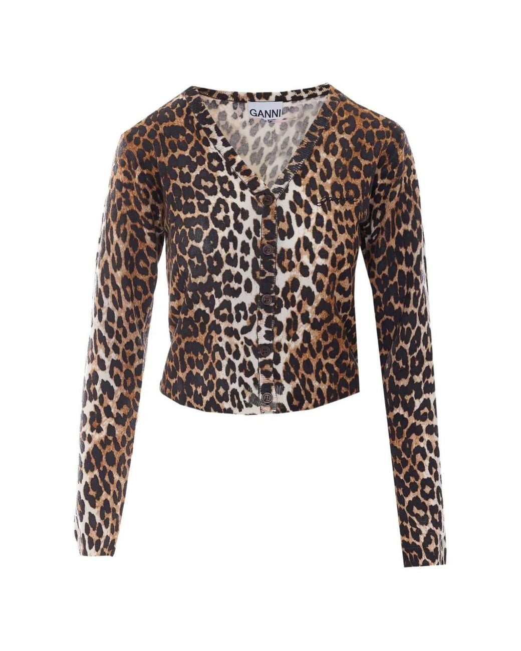 Ganni Black Cardigan À Motif Léopard Et Col V