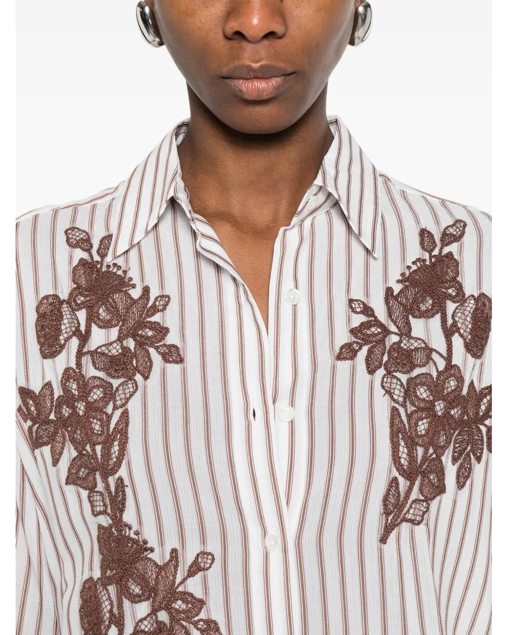 ERMANNO FIRENZE White Floral-Embroidered Striped Shirt