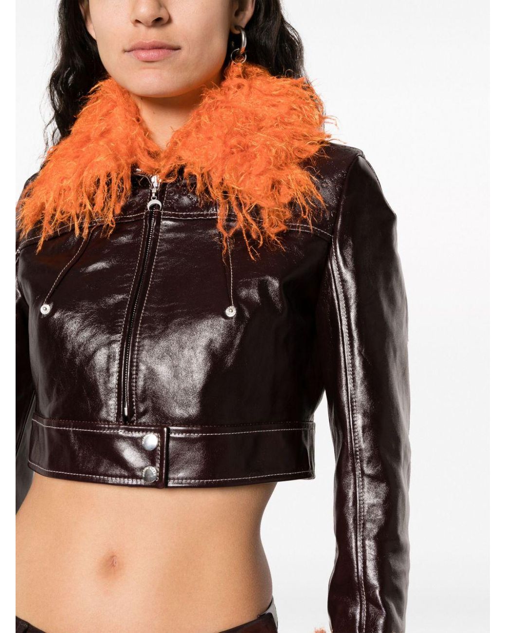 Marine Serre Feather trim Cropped Leather Jacket in Black Lyst UK