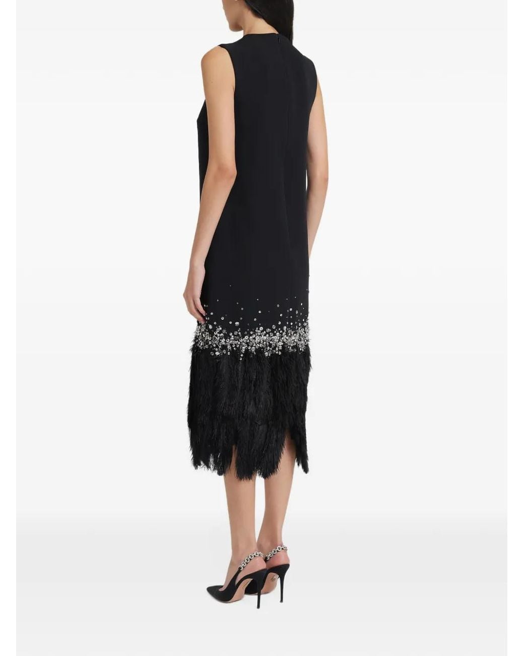 Safiyaa Black Crystal-Embellished Feather-Trim Midi Dress