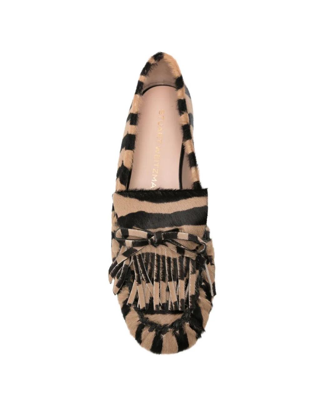 Stuart Weitzman White Fringe-Detail Zebra-Print Loafers
