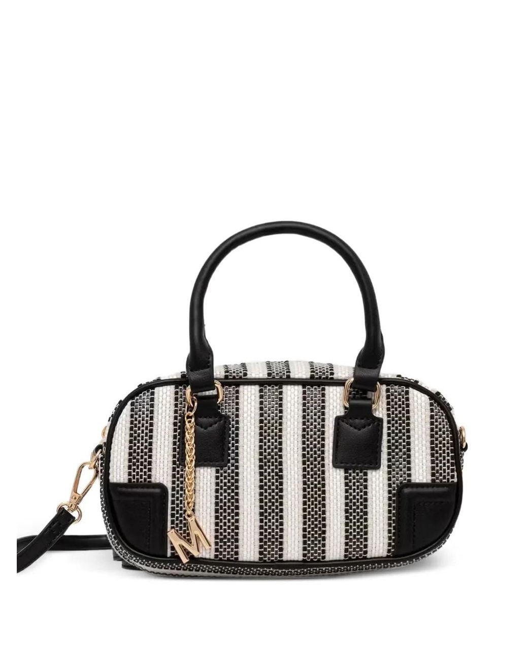 Morgan Black Striped Logo-Charm Tote Bag