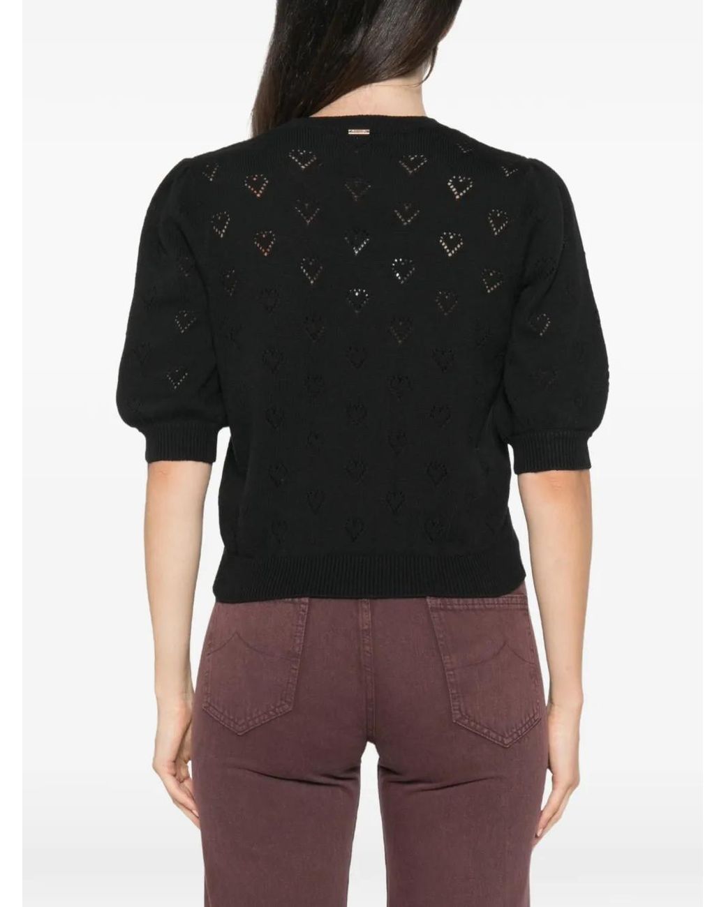 Twinset Black Heart-Pointelle Short-Sleeve Sweater
