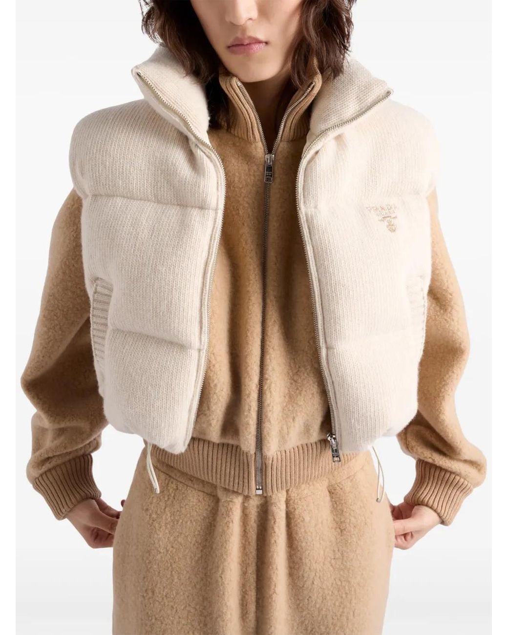 Prada Natural Embroidered Logo Wool-Cashmere Down Vest