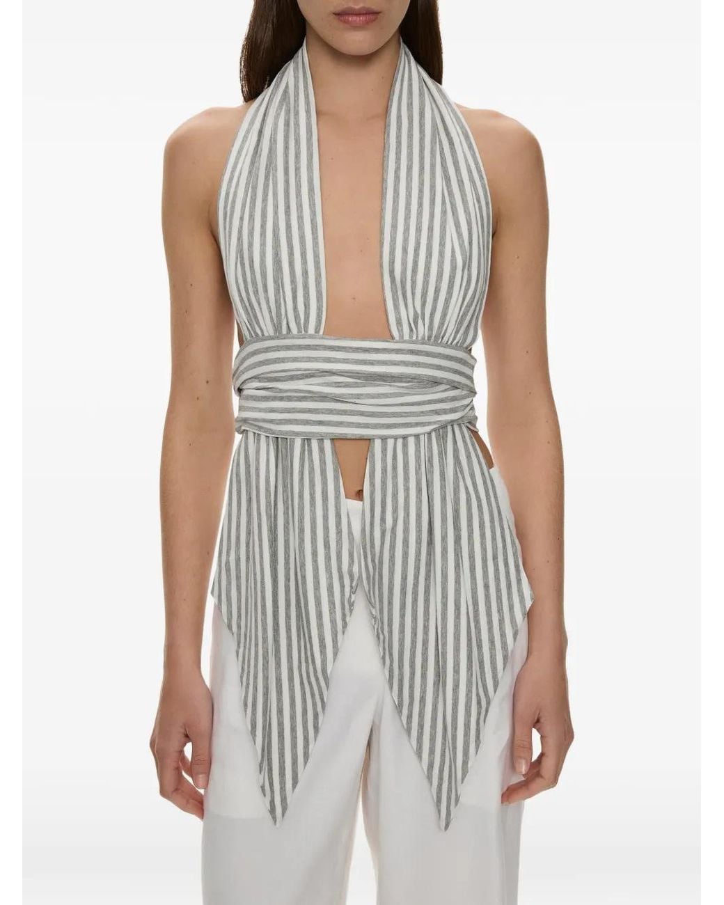 Christopher Esber White Striped Draped Halter Top